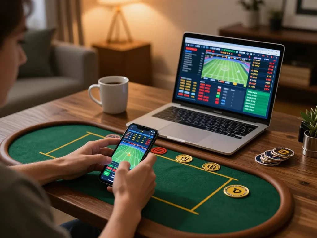 Engaging in sports betting with God55vn app on smartphone in cozy home setting