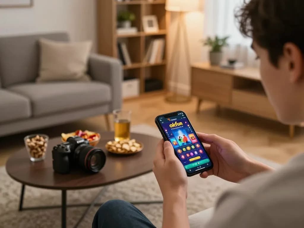 Player enjoying online gaming on okfun app in cozy living room with snacks and drinks.