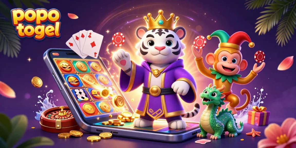 Engage with popo togel games through a vibrant 3D illustration featuring lively casino characters.