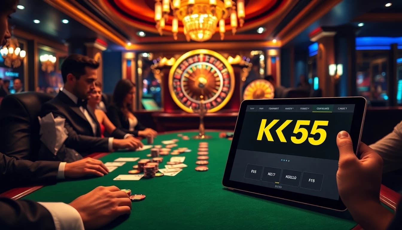 This online gambling visual captures the thrill of winning at https://kk55.exchange/ with elegant poker tables, vibrant chips, and a digital interface.