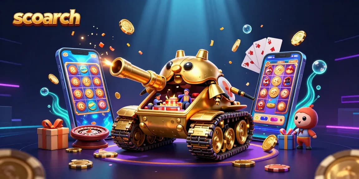 Engage with scoarch in this vibrant 3D casino scene with golden beetle tank and slot games.