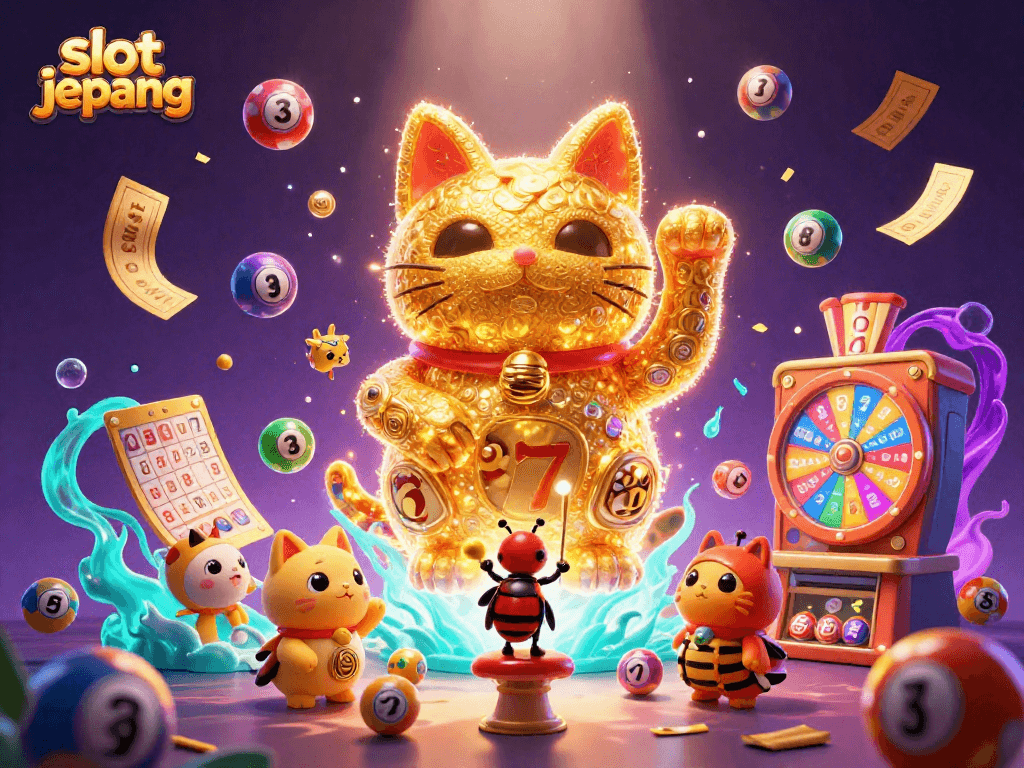 Experience the thrill of slot jepang with a captivating illustration of a giant lucky cat and dynamic casino symbols.