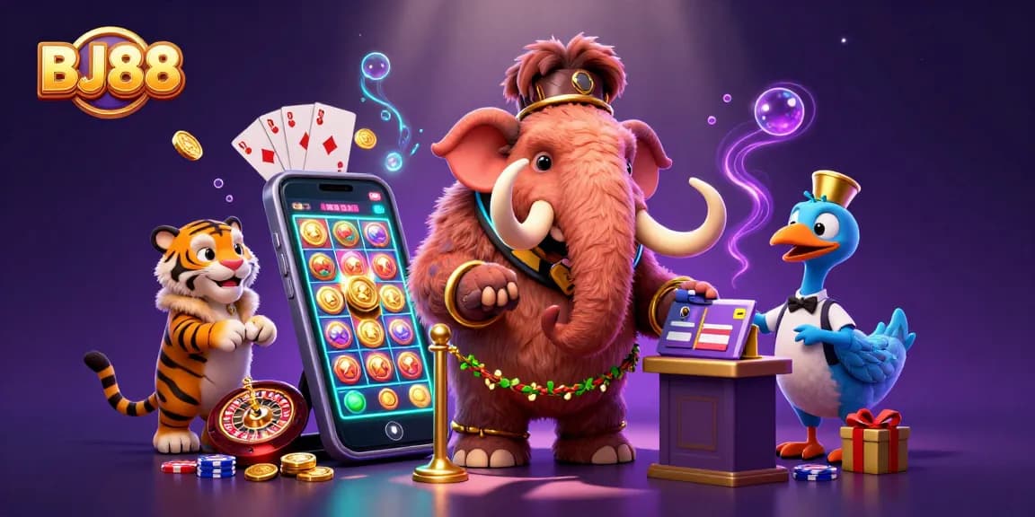 Experience the excitement at BJ88 with our vibrant casino illustration featuring a mammoth bouncer and dynamic gaming elements.