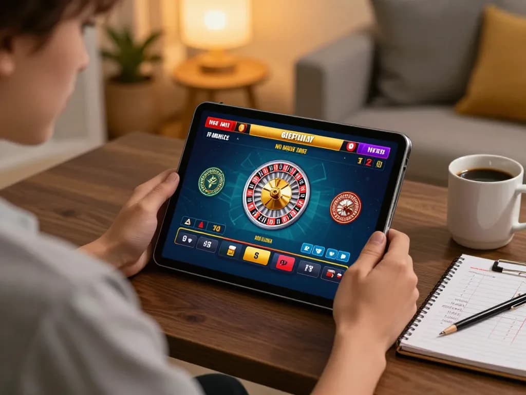 Engaging live gaming moment on https://sc88.casino/ with roulette on tablet, warm home setting, strategic atmosphere.