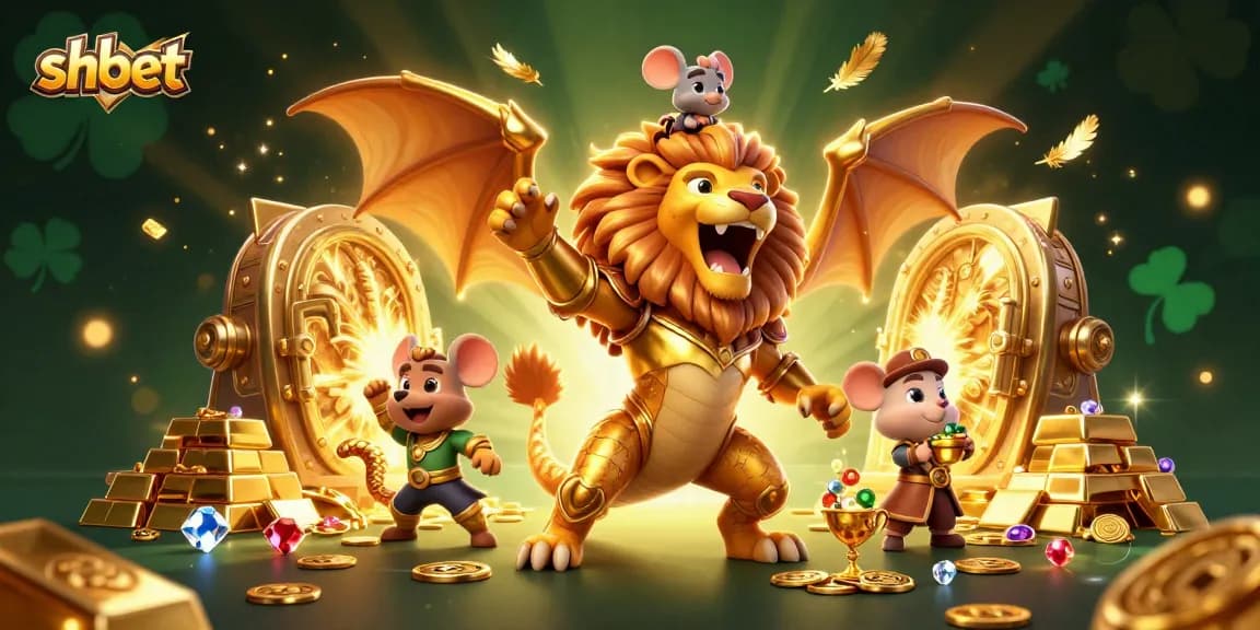 Engage in winning strategies at SHBET, featuring dynamic casino elements with roaring chimera and treasure.