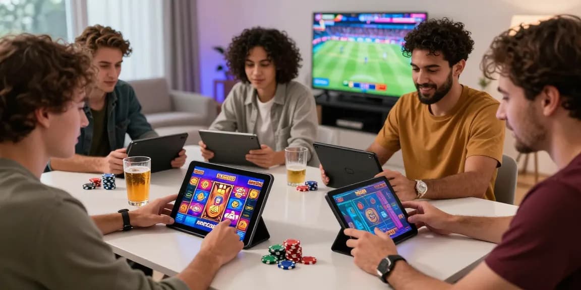 Friends enjoying games on mpocash.net in a vibrant living room setting.