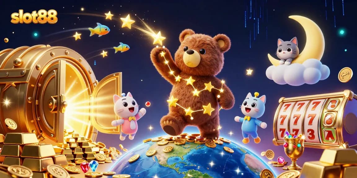 Menggali keberuntungan di slot88 dengan karakter kartun berkilau mengumpulkan koin sambil dikelilingi oleh harta karun emas dan simbol slot.