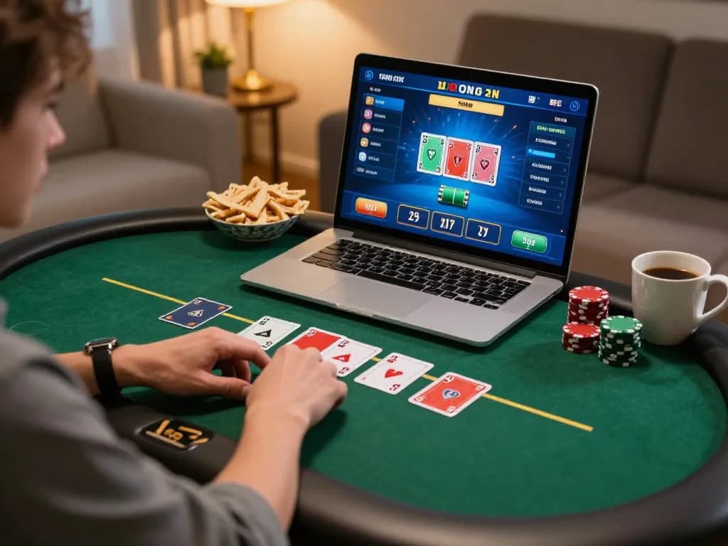Player enjoying sunwin poker online, showcasing dynamic gameplay and immersive home environment.