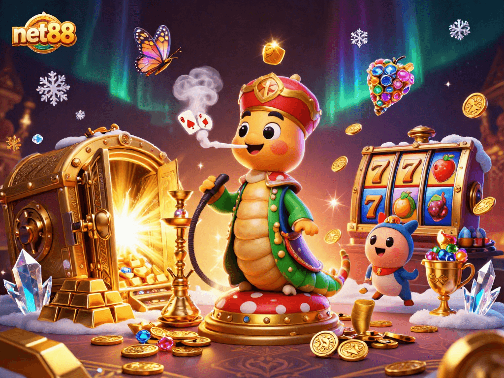 net88 engages players with vibrant, dynamic casino art showcasing slot reels and golden treasures