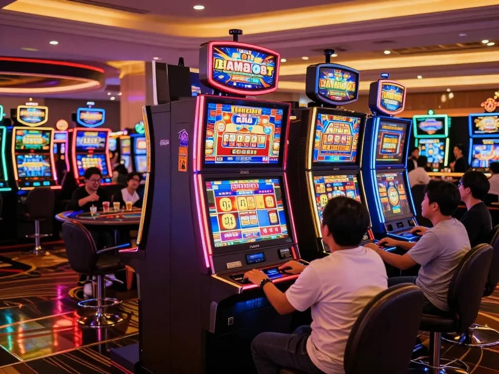 Players engaged with vibrant slot gacor machines in a lively casino setting, showcasing excitement and winning potential.