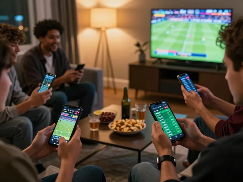 Engaged players betting on sports via smartphones in a lively environment, highlighting 789win.