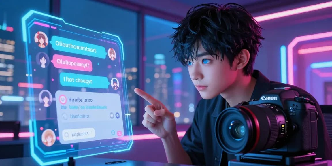 User engaging in AI hentai chat with a vibrant anime character in a futuristic setting, showcasing interactive digital features.
