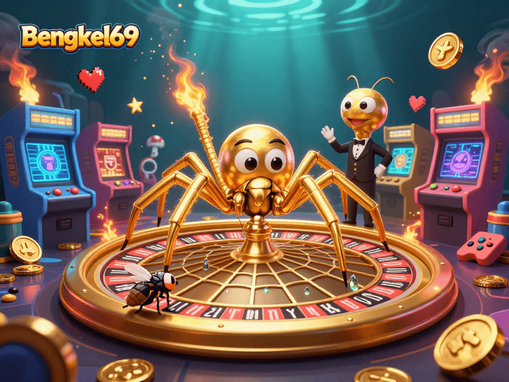 Engage in thrilling Bets with Bengkel69 at a dynamic casino scene featuring cartoon characters.