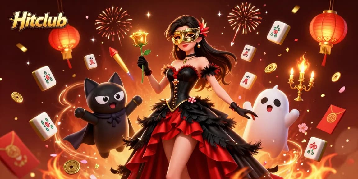 Hitclub's stunning casino scene features characters celebrating with golden rose and vibrant game elements.