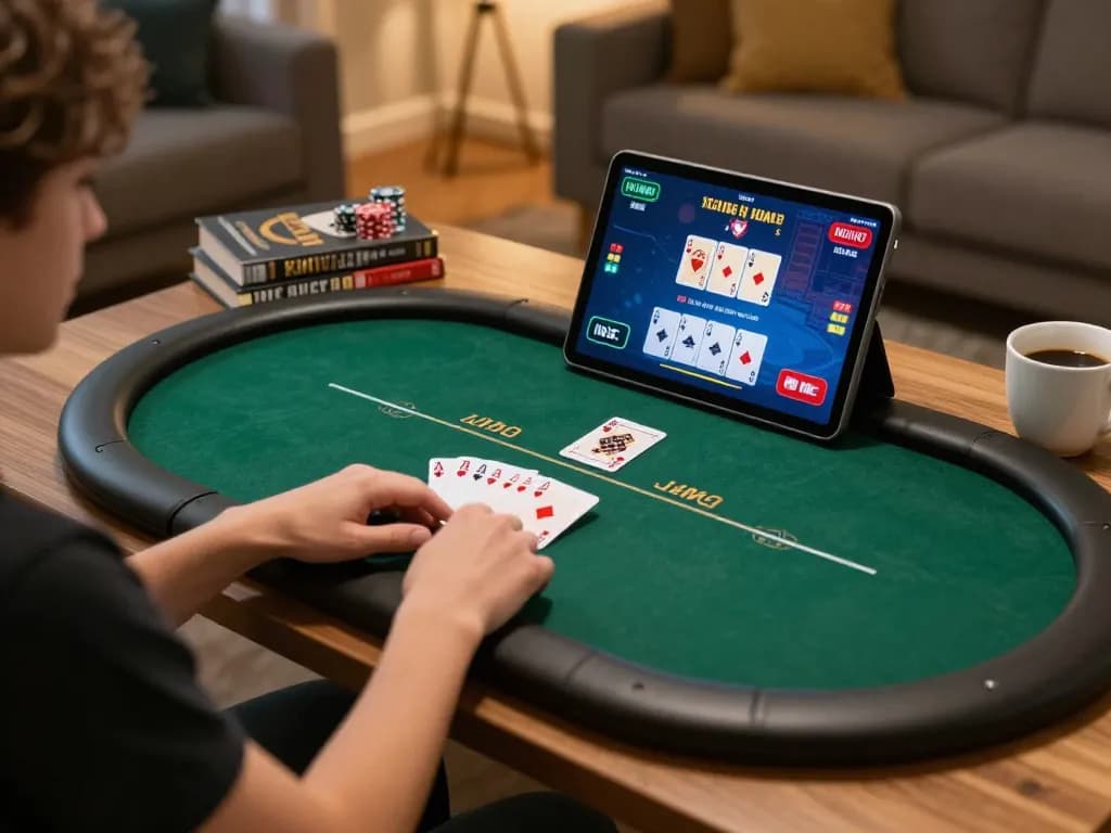 Playing poker online on a tablet in a cozy living room with strategy notes and coffee