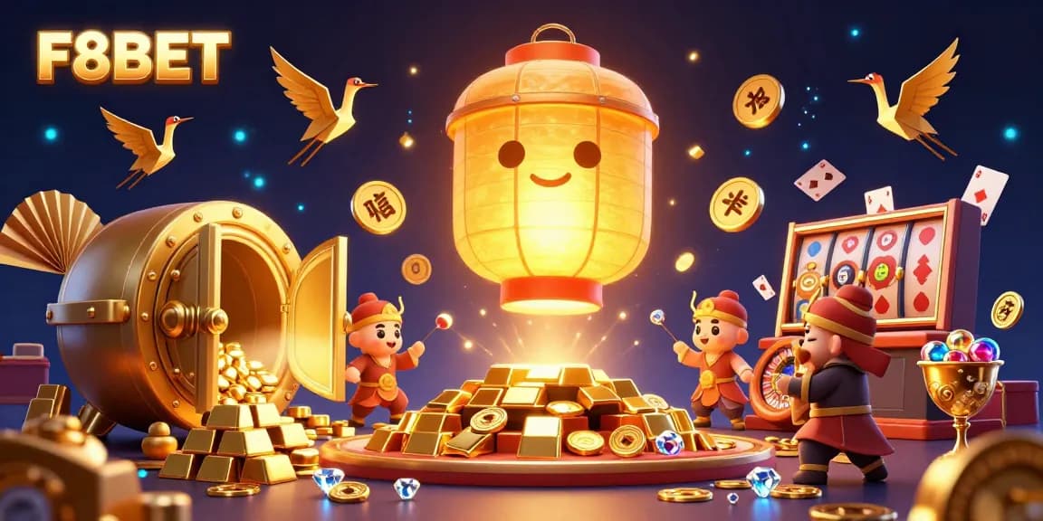 Experience F8BET's exciting casino atmosphere with golden elements, slot reels, and vibrant characters.