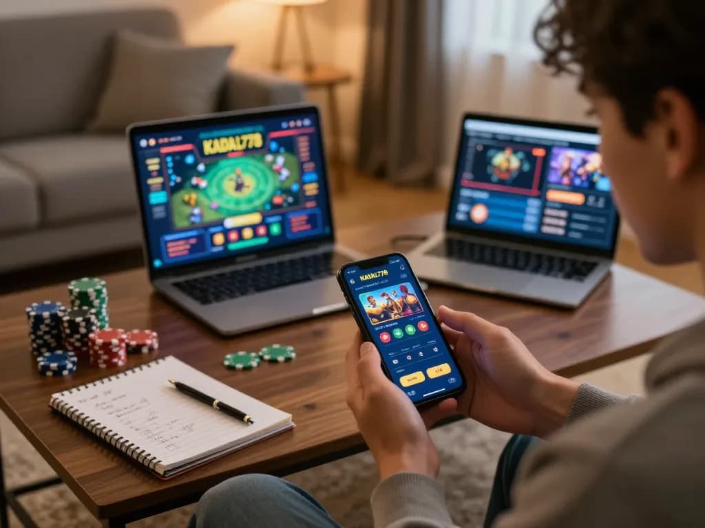 KADAL778 gaming setup with a player interacting with mobile casino app, showcasing responsible gaming elements.