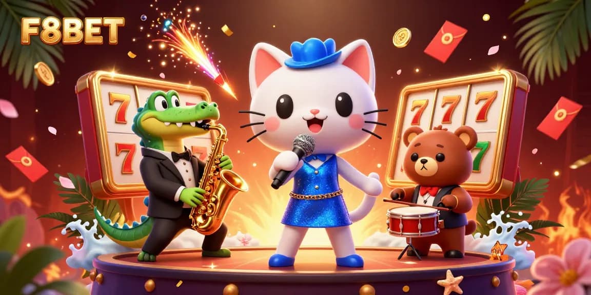 Experience the excitement of F8BET with a vibrant 3D casino illustration showcasing a jazzy cat singer, croc saxophonist, and drum bear.