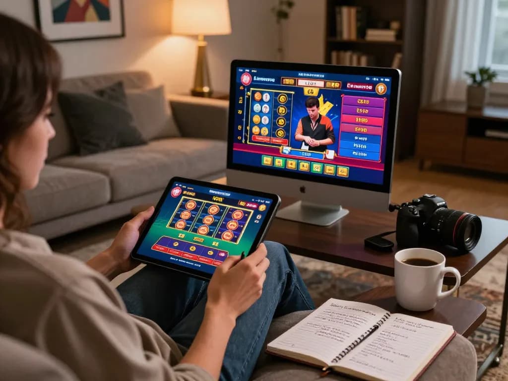 Engaged player exploring ligalgo online gaming on a tablet surrounded by strategic notes and cozy ambiance.