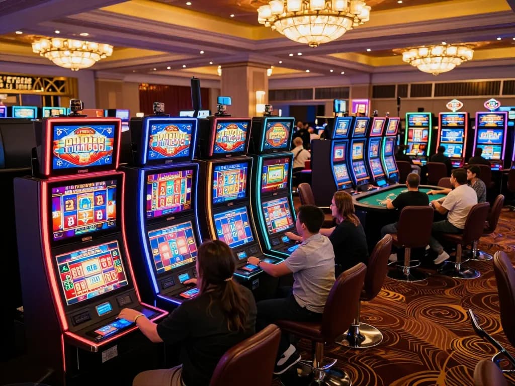 Players enjoying vibrant slot machines celebrating wins at bet88 casino, showcasing excitement and luxury.