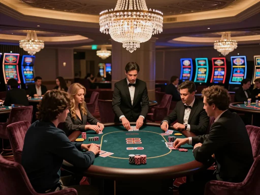KONG88 players engaged in thrilling poker game at luxury VIP table, showcasing strategic gameplay.