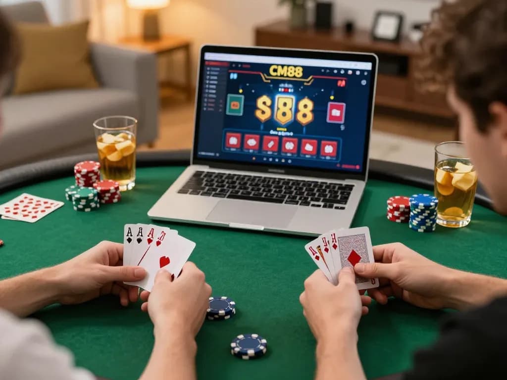 Player engaging in online casino gameplay at cm88, showcasing vibrant poker cards and chips in a cozy home environment.