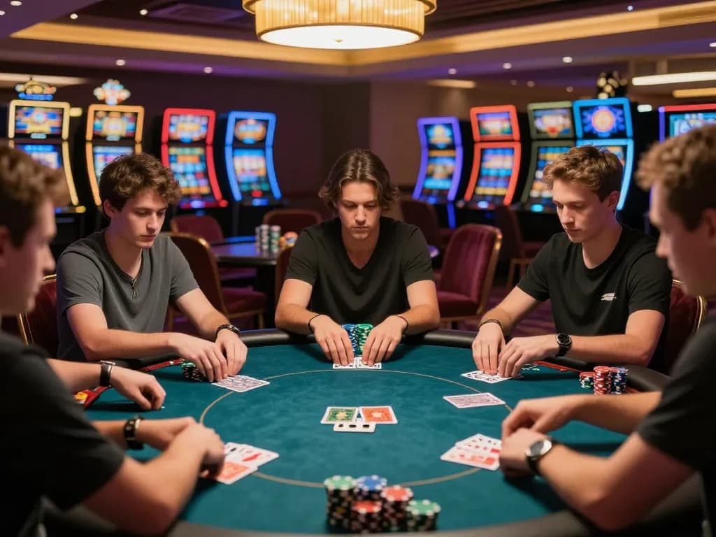 LGOGOAL strategy unfolds as players engage in intense poker decision-making at a luxury casino table.