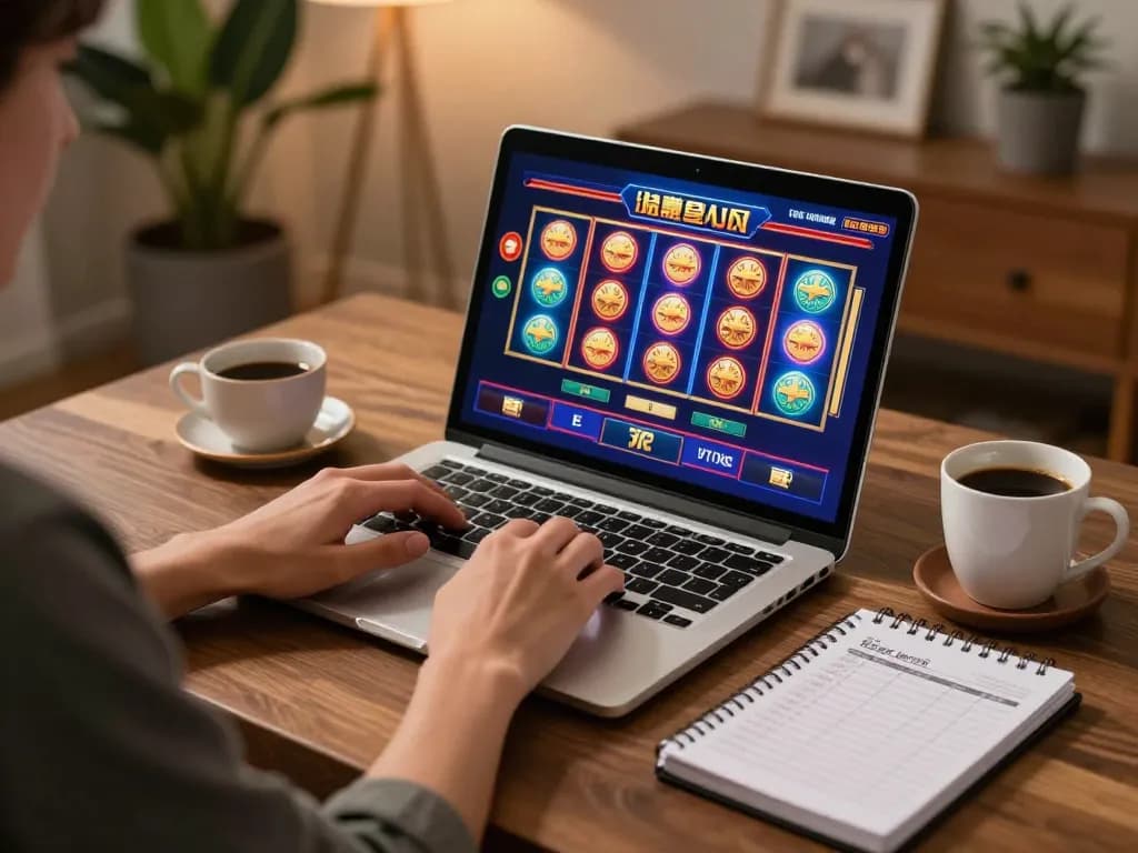 An engaged player uses laptop for online lc88 casino gaming, surrounded by strategy notes and warm lighting.