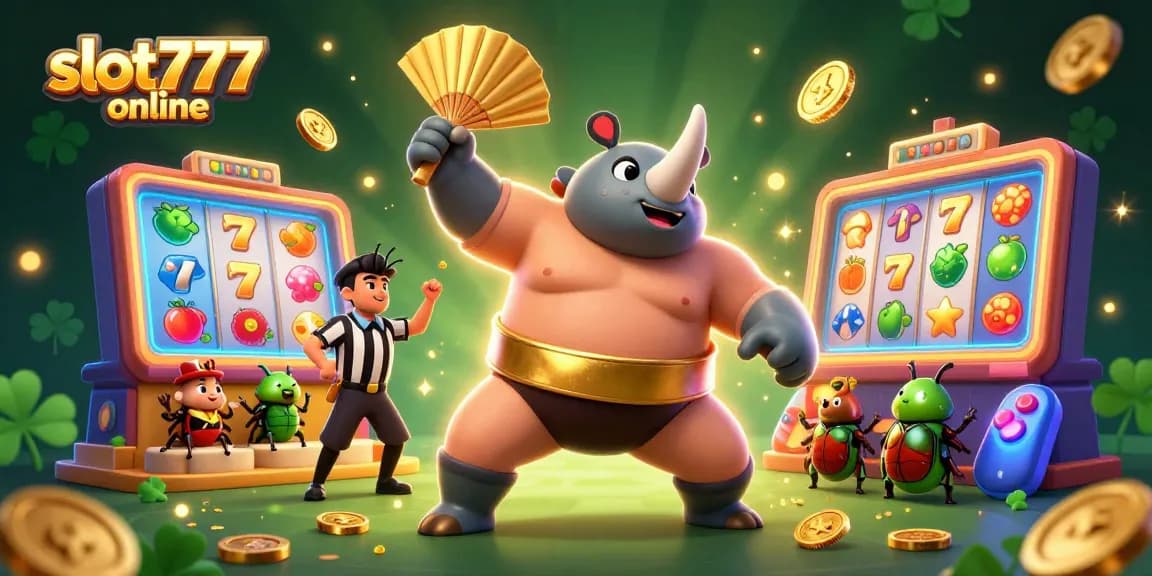 Experience thrilling gameplay at slot777 online with a vibrant scene of a beetle champion and colorful slot elements.