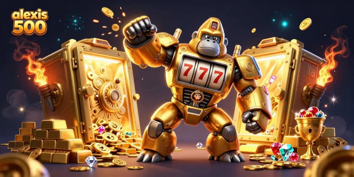 Experience the thrill of alexis 500 with a golden gorilla mech smashing through coins in a vibrant casino scene.
