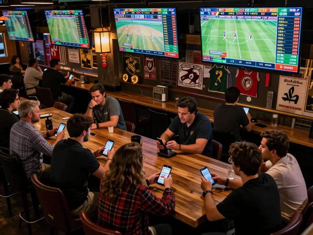 Soi Kèo live sports betting in a lively bar with patrons engaged and screens displaying odds.