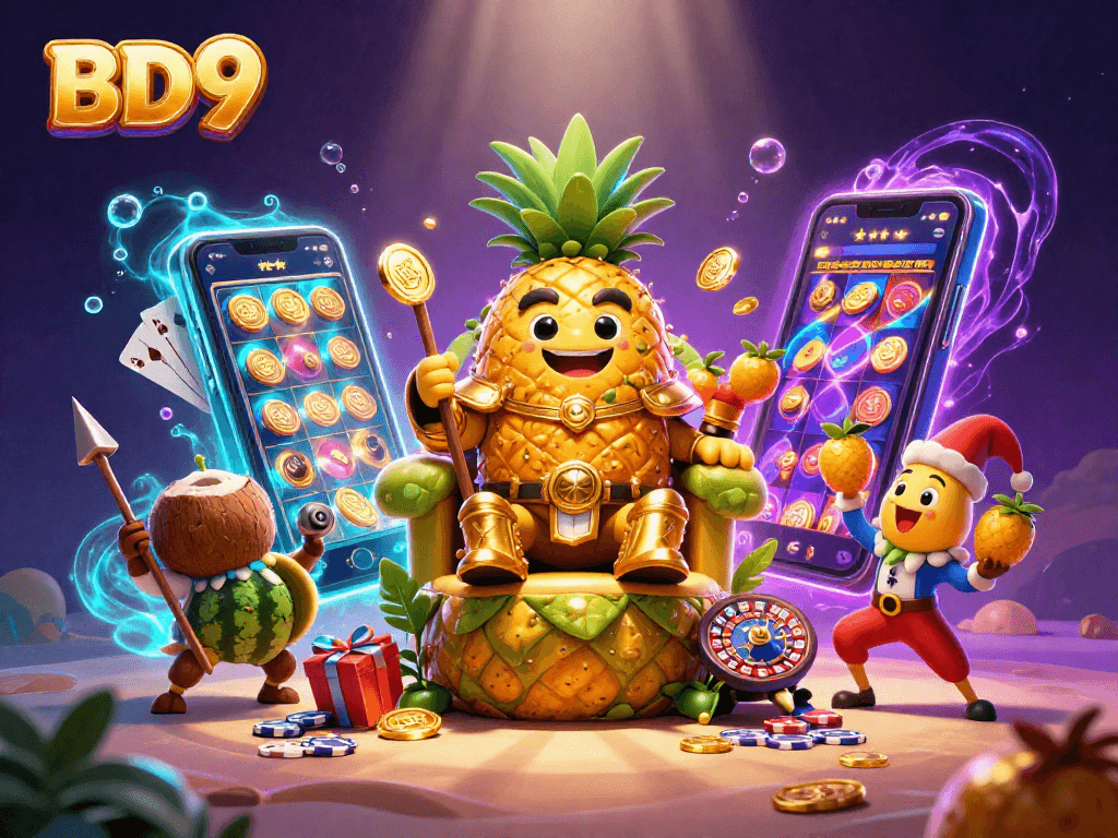 Experience gambling excitement at BD9 with a golden pineapple king and colorful casino games.