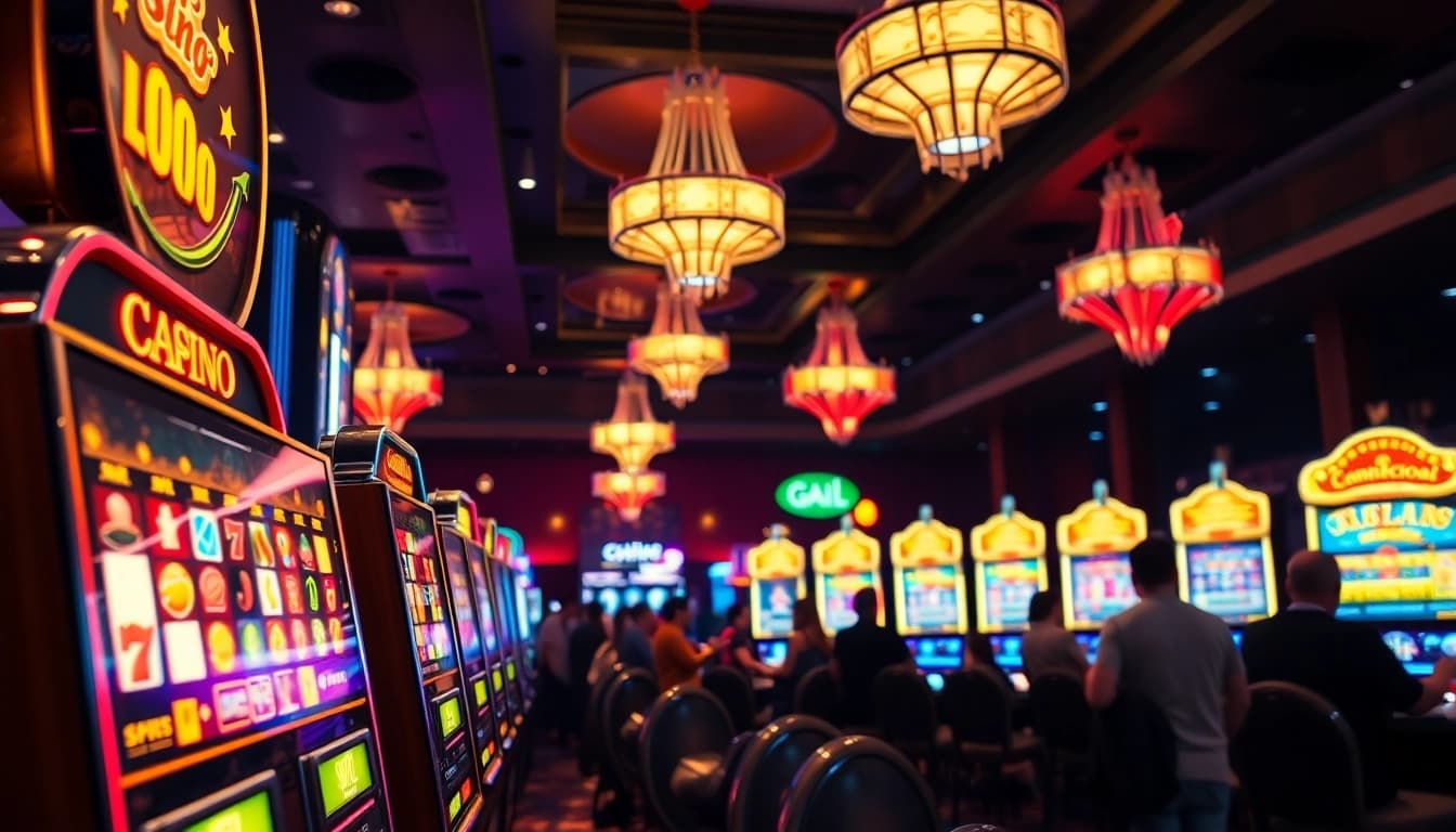 Engage with captivating Slots machines in a bustling casino environment filled with excitement.