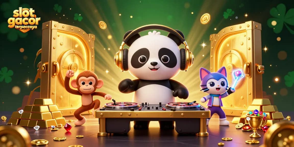 Experience excitement with slot gacor terpercaya as DJ panda spins and treasures burst forth in vibrant 3D illustration.