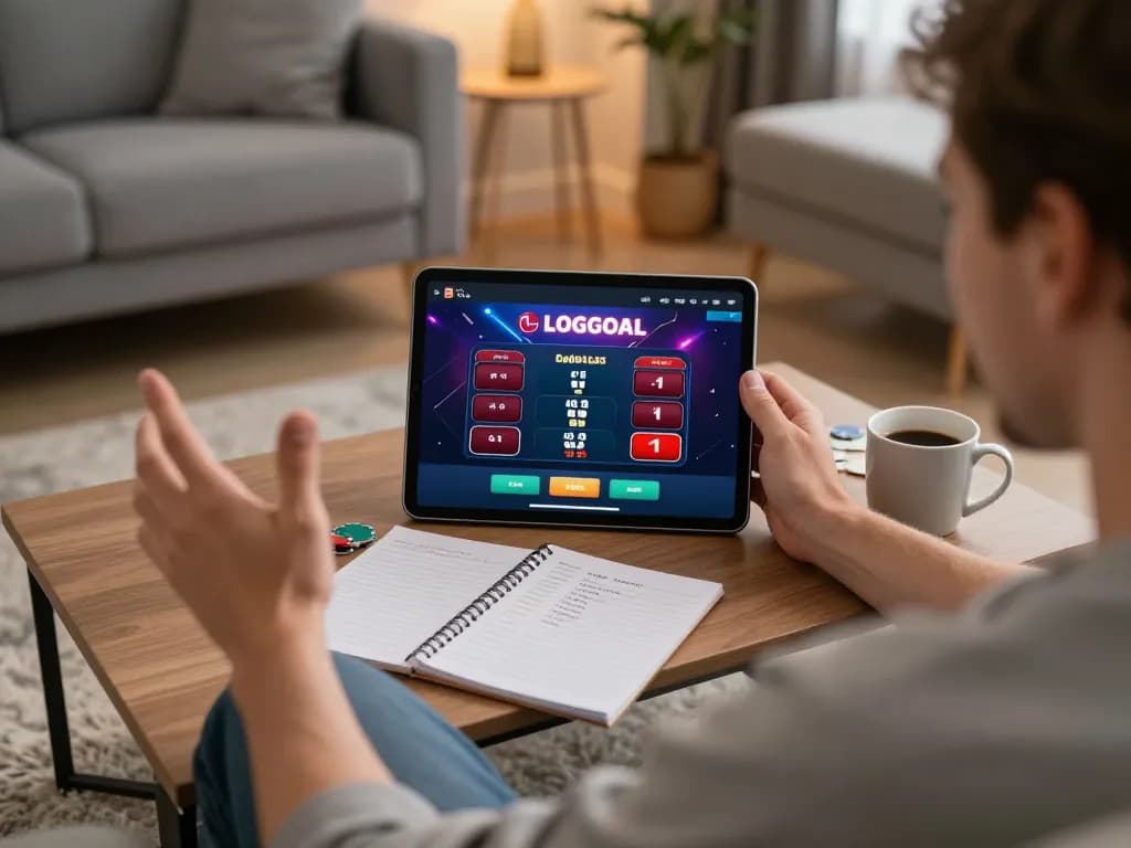 Player engaging with the LGOGOAL casino app in a cozy home environment, reflecting strategic online gambling.