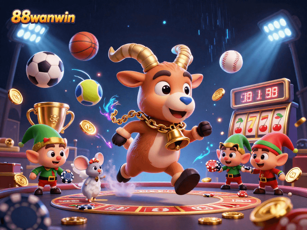 Experience thrilling games at 88wanwin with lively characters in this festive casino illustration.