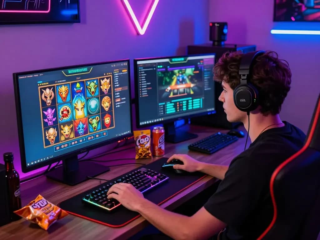 Suasana permainan slot gacor hari ini yang menarik dengan pemain yang fokus pada antarmuka permainan slot yang cerah.