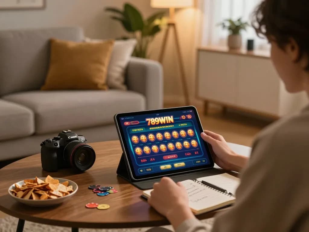 Engaged in online gambling at home using 789WIN interface on a tablet, strategic betting setup.