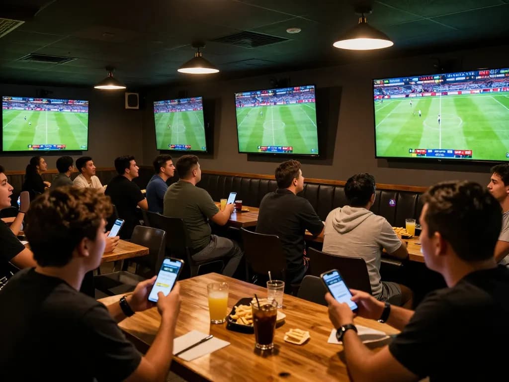 Fans engaging with cakhia tv app while watching live soccer games in a sports bar environment.