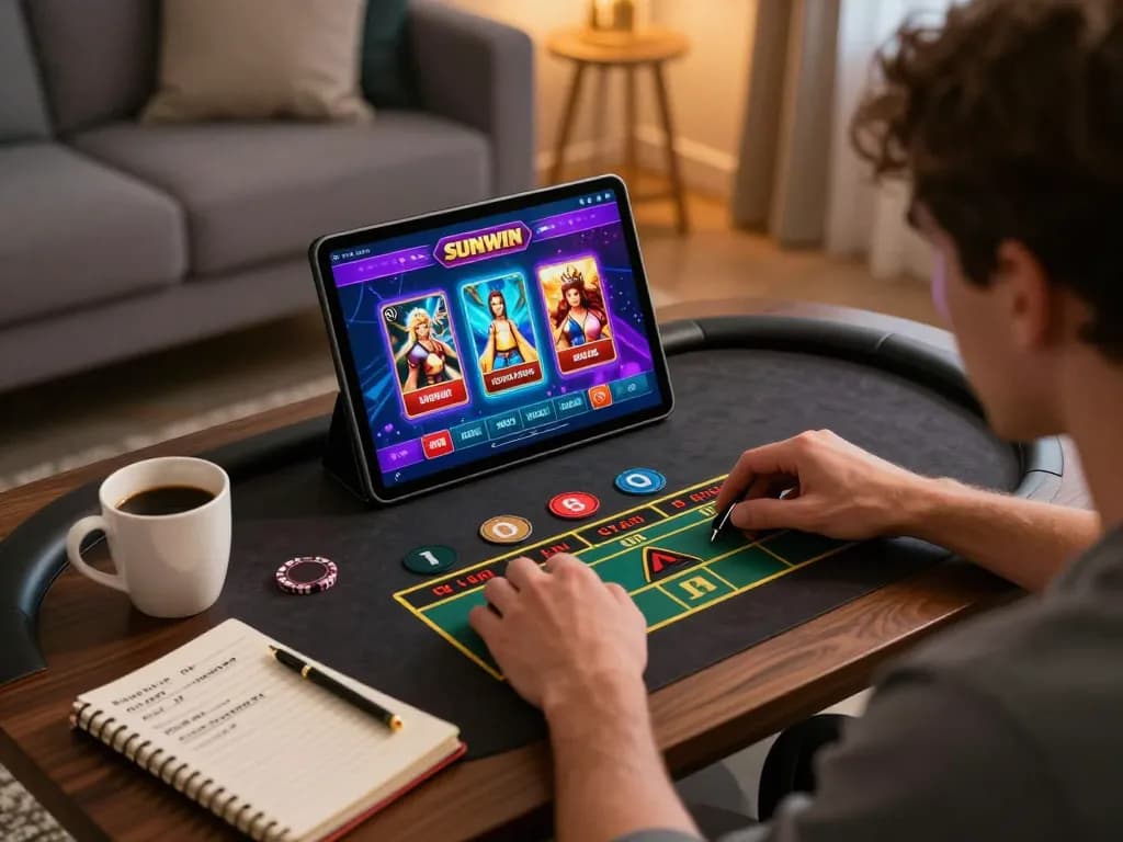 Engaged player using the Sunwin app for online casino gaming in a cozy home setting.
