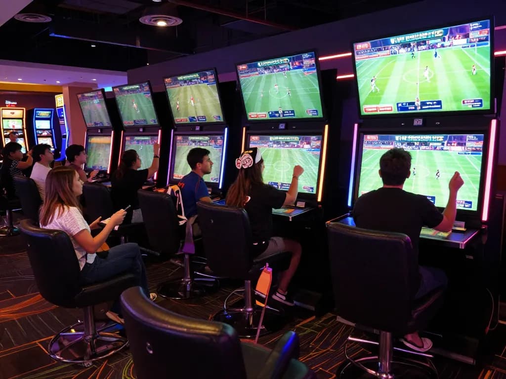 B52 sports betting patrons placing wagers in a lively casino lounge with vibrant screens