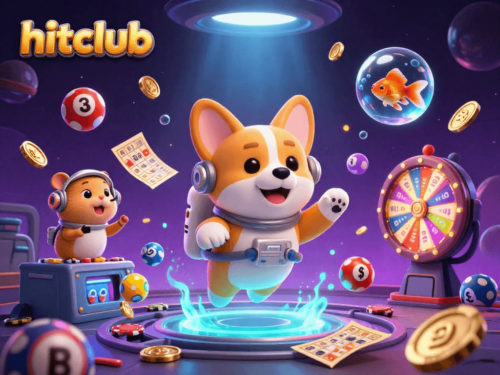 Engage with hitclub from a space casino with colorful games and prizes floating in zero gravity.