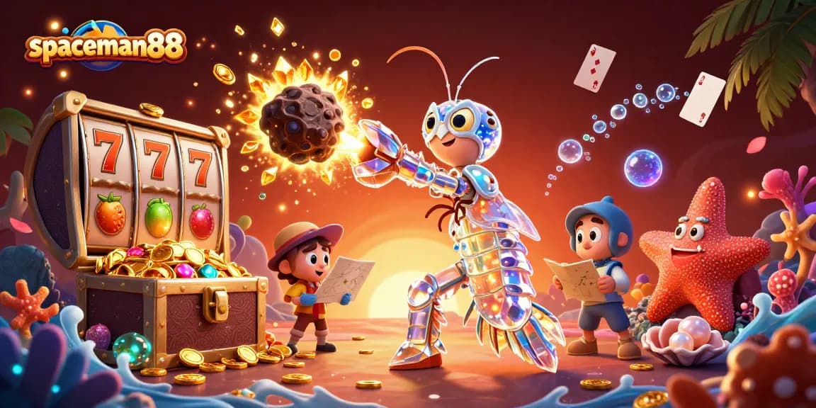 Spin the reels at spaceman88 and win big with golden gems and coins in this vibrant action scene.