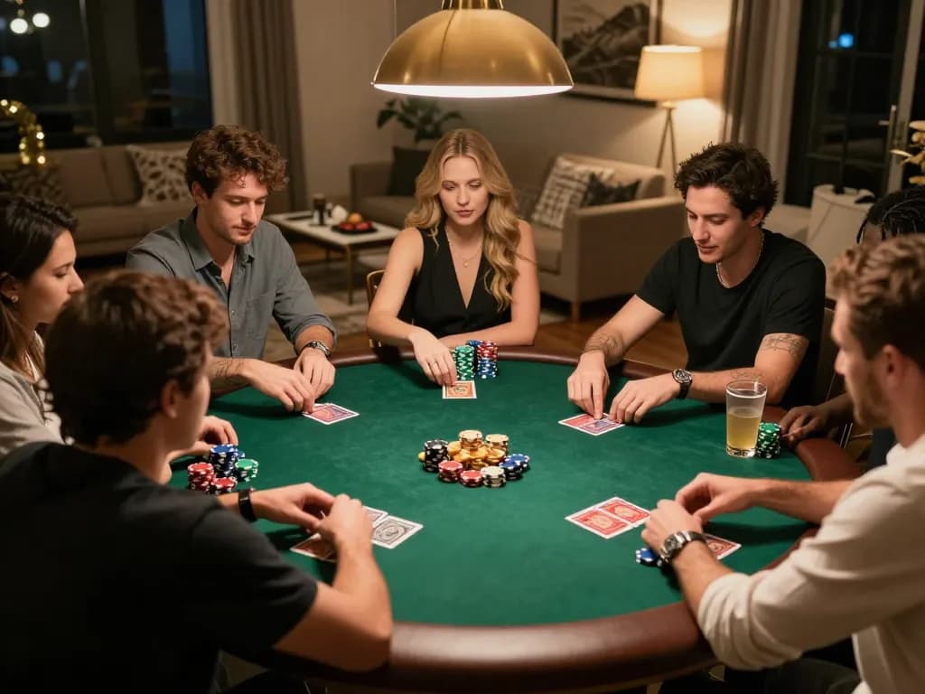 Group of friends enjoying a poker night around the table, emphasizing strategy with TA88 chips and cards