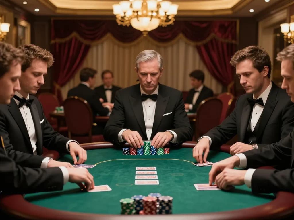 F168 players strategizing at a high-stakes poker table in a luxurious room filled with excitement.