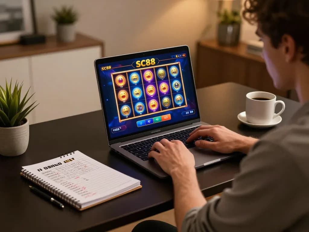 Engaging player enjoying SC88 slots on a laptop at home, showcasing strategy notes nearby.