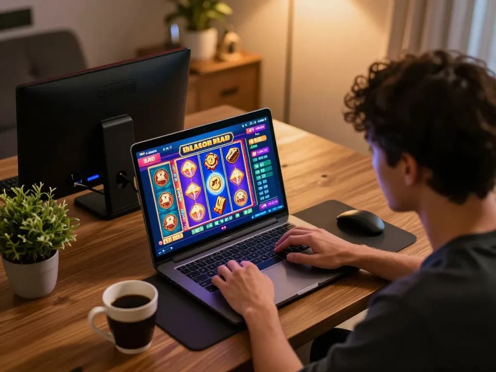 Engaged player exploring slot gacor hari ini on their laptop in a cozy home gaming setup