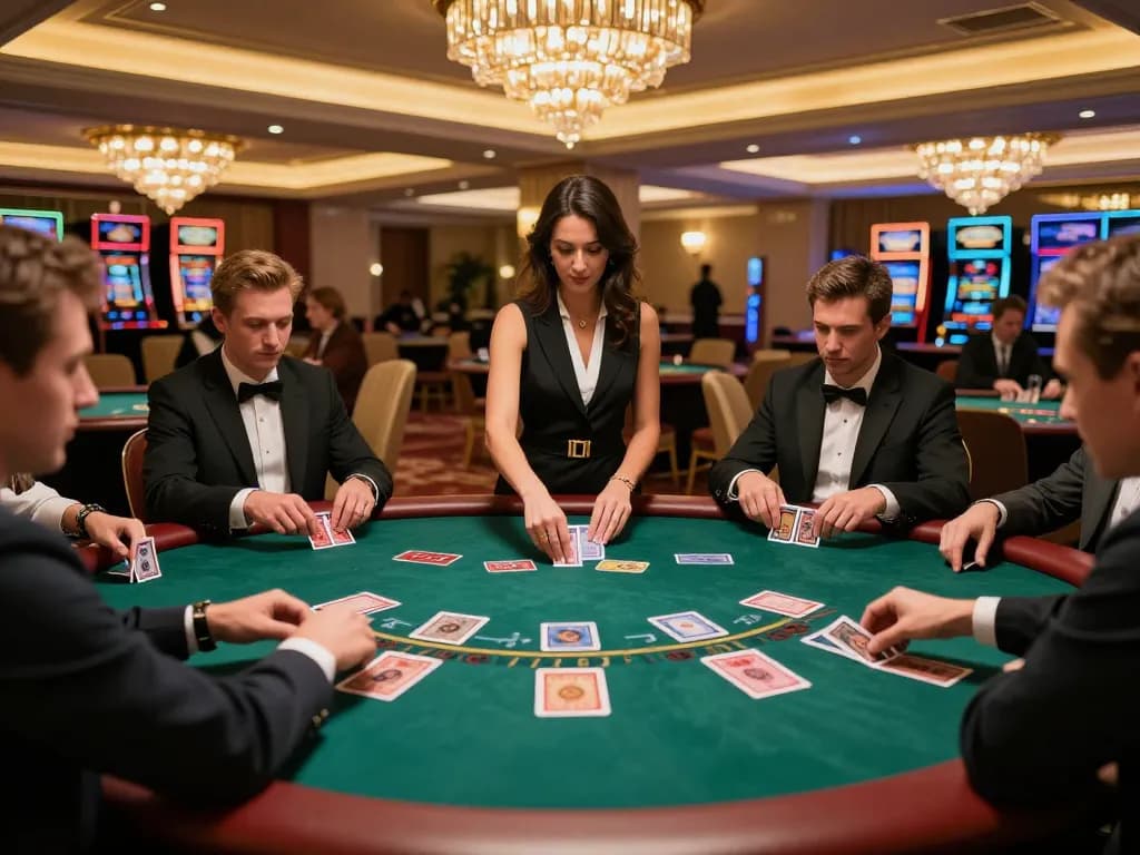 KJC players strategizing at a luxurious blackjack table in a vibrant live casino setting.