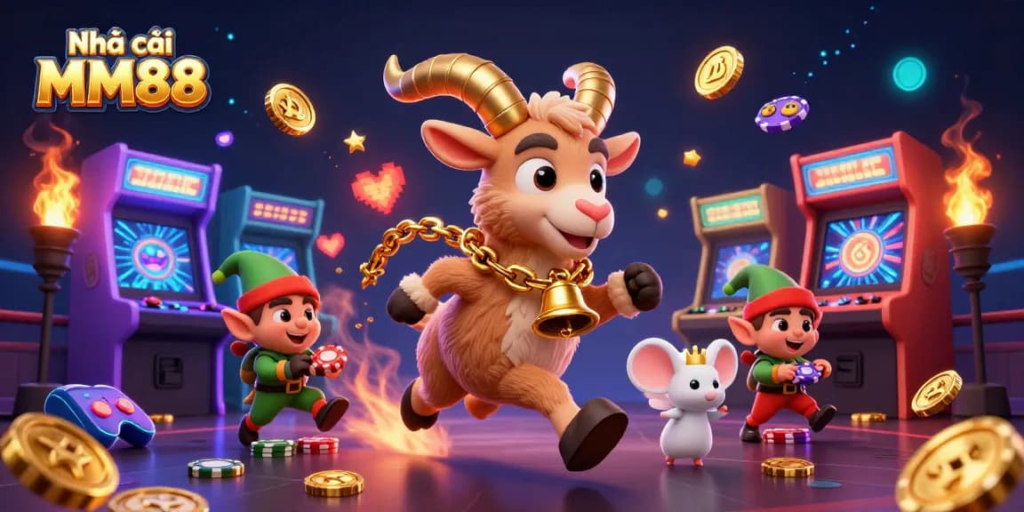 Experience the excitement at Nhà cái MM88 with a festive casino scene featuring quirky characters.