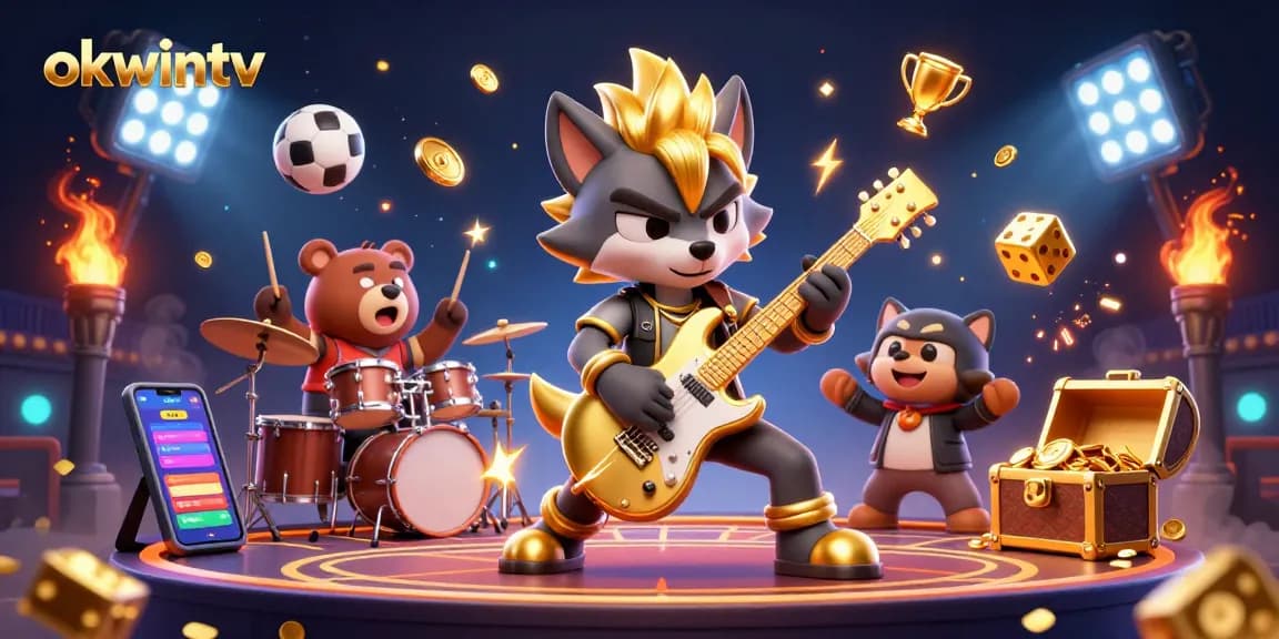 Experience thrilling sports betting action with okwintv, a captivating 3D scene of a rock star wolf and drummer bear.